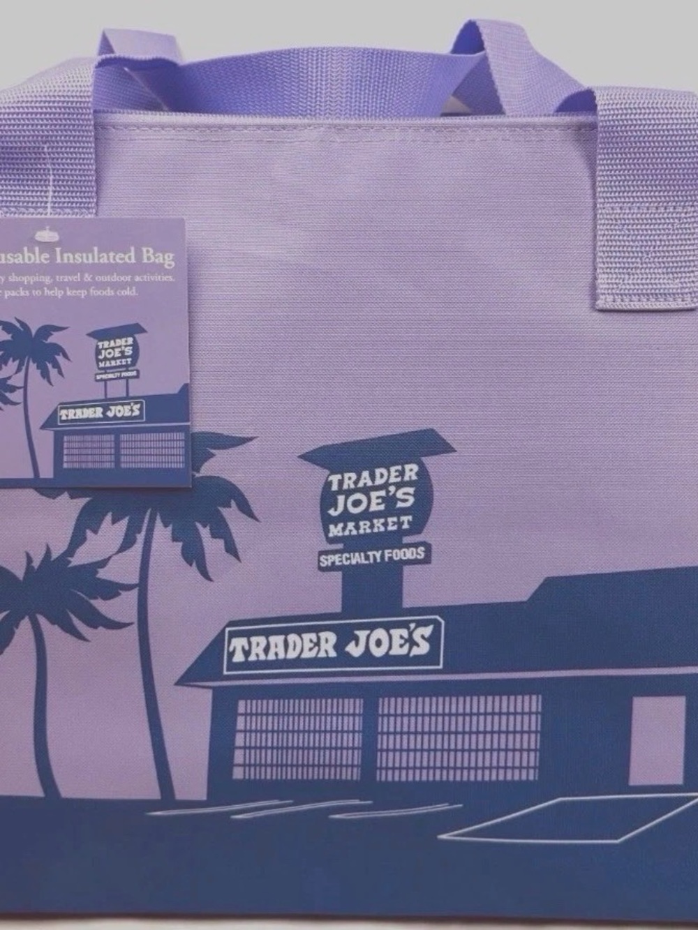 Trader Joe's XL Lavender Purple Writing Insulated Tote Cooler Market Shopper Bag